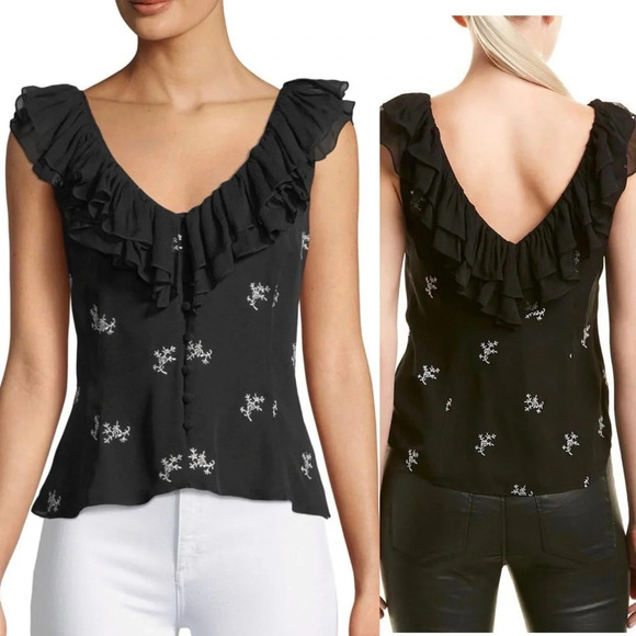 Cinq a Sept Embroidered Gia Ruffle Neckline Black Floral Silk blouse Top XS - Picture 1 of 9